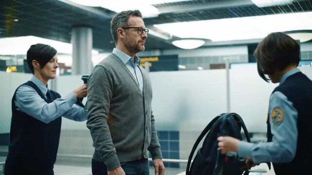 Man being screened by airport security personnel with a wand and inspecting his luggage at a busy travel checkpoint.