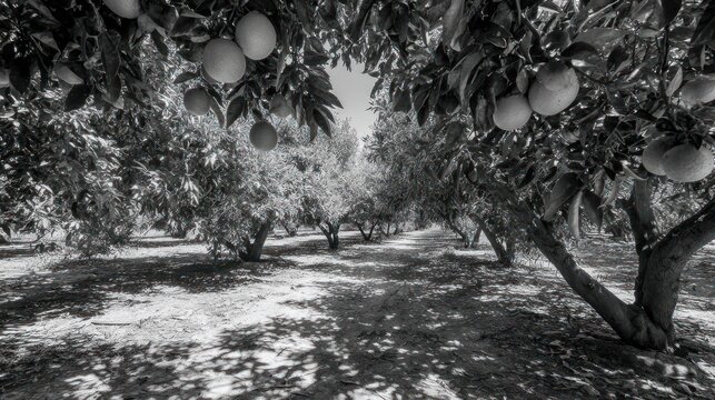 A black and white orchard of fruit-bearing trees, viewed from beneath their leafy canopy - Powered by Adobe