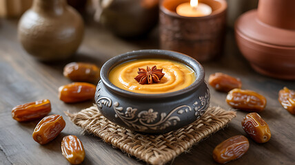 Still life of dates and a bowl of pumpkin soup with star anise on a table