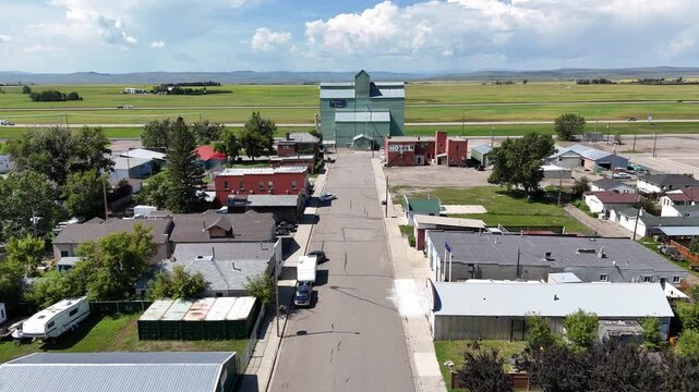 Aerial view of the main street of the small town of Stavely, Alberta.
