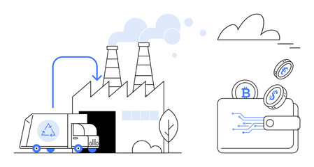 Recycling truck unloading at factory with emissions, tied to a digital wallet storing cryptocurrency coins. Ideal for sustainability, blockchain, eco-finance, technology, economy, innovation, simple