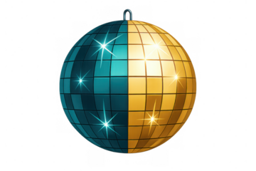 Gold and teal disco ball spinning and reflecting bright lights on a transparent background, perfect for party and celebration visuals