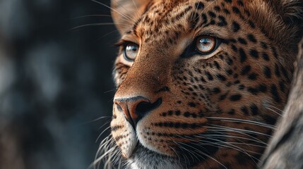 Obraz premium Dramatic close-up of a striking leopard face with intense, piercing gaze
