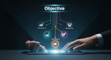 OKR alignment concept. An executive's hands over a tablet with a hologram showing a main objective connected to different team key results.