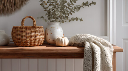 Fototapeta premium Cozy Autumn Still Life: Woven Basket, Pumpkin, and Warm Knit Blanket on Wooden Shelf.