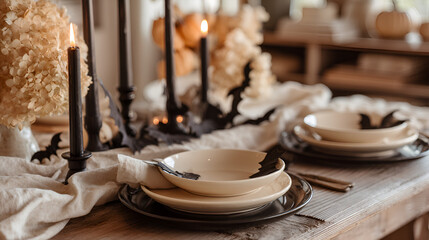 Spooky and stylish Halloween tablescape with black candles and bat decorations for a festive autumn gathering.