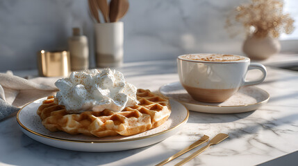 Waffle with whipped cream and latte create a delightful breakfast setting on a marble countertop.