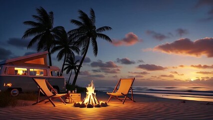 family at beach cinematic camping tropical sunset palm trees ocean evening - Powered by Adobe