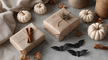 Neutral-toned gifts, pumpkins and bats in a festive Autumn setting. Perfect for seasonal celebrations.
