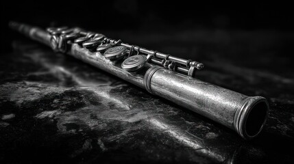 Naklejka premium Black and white close-up of a flute on a dark, slightly marbled surface