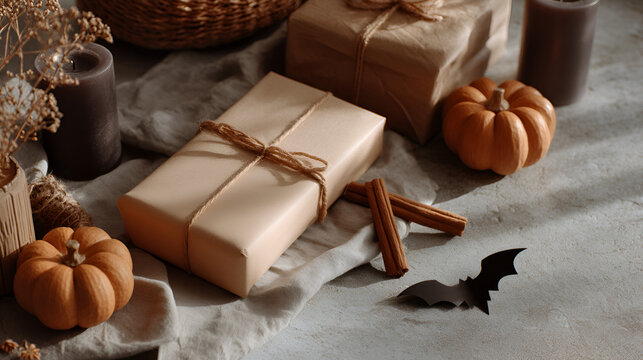 Autumn gifts and d?cor create cozy seasonal ambiance with wrapped packages and mini pumpkins.