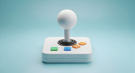 Voxel Art Style White Joystick with Colorful Buttons on Soft Blue Background for a Nostalgic Gaming Concept