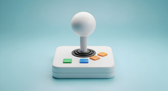 Voxel Art Style White Joystick with Colorful Buttons on Soft Blue Background for a Nostalgic Gaming Concept