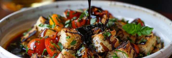 A drizzle of balsamic vinaigrette giving a tangy and flavorful finish to the grilled veggie panzanella.
