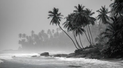 Moody black and white seascape featuring palm trees on a misty, rocky coastline