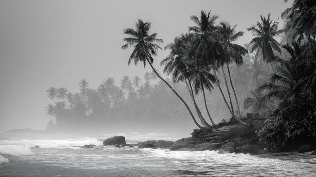 Moody black and white seascape featuring palm trees on a misty, rocky coastline - Powered by Adobe