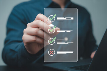 Businessman reviewing a digital checklist with completed tasks and one pending item on a transparent screen