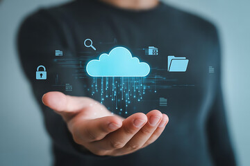 Person holding a glowing blue cloud icon with digital data streams and security symbols floating above