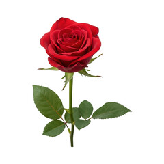 A single perfect red rose with vibrant green leaves Isolated On White Background