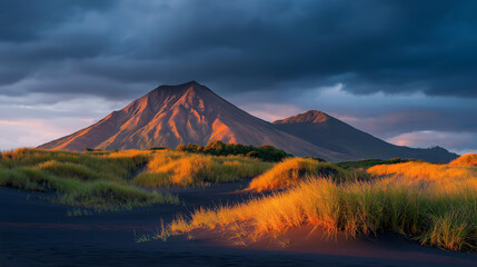 Fototapeta premium Stunning sunrise with golden rays of sunlight through dark clouds