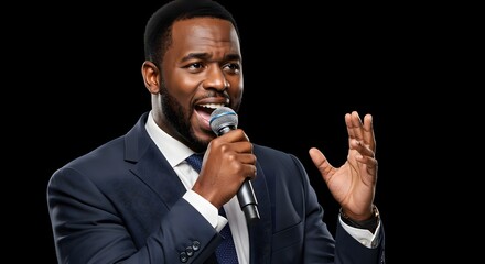 Charismatic African American businessman in a suit giving an energetic presentation with a microphone, isolated on a black background.