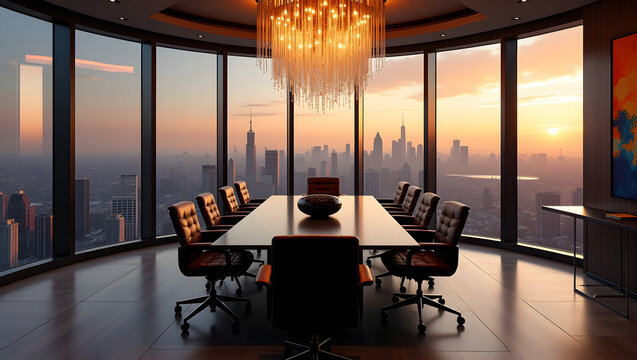 A luxurious modern executive conference room in a sky-high penthouse office