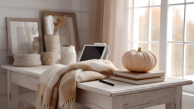 Autumn still life: Pumpkin, books, throw, and tablet arranged on a distressed white wooden console table