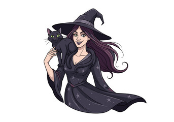 Charming Young Woman Witch Holding a Black Cat with a Playful Smile and Mystical Attire