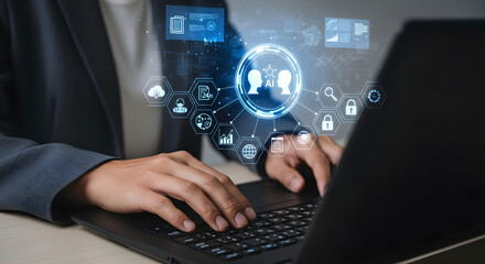 Businessman typing on laptop with digital network graphics displayed  