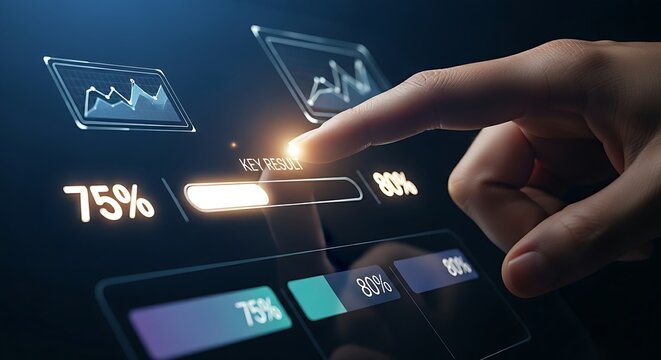 Weekly OKR check-in. A close-up of a finger updating a progress bar for a Key Result on a simple dashboard interface from 75% to 80%.
