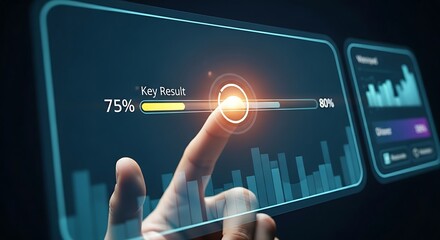 Weekly OKR check-in. A close-up of a finger updating a progress bar for a Key Result on a simple dashboard interface from 75% to 80%.