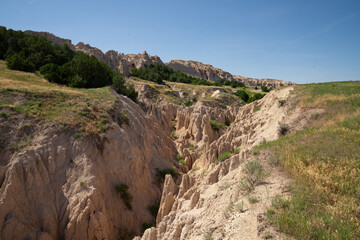 Sharp rock canyon formations in Badlands National Park, South Dakota