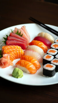 Fresh and Vibrant Sushi and Sashimi Platter on a White Plate Ready to Eat