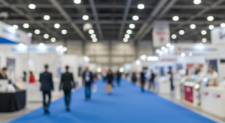 Blurred View of Busy Trade Exhibition Hall with Professional Attendees Walking on Blue Carpeted Floor