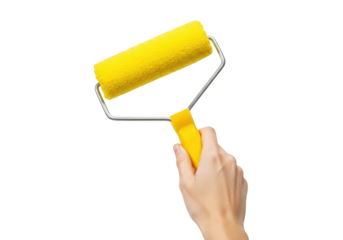 A Bright Yellow Paint Roller Held Firmly in a Hand Isolated On White Background