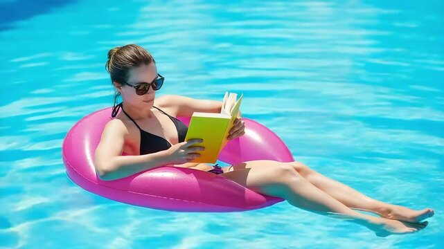 A smiling woman wearing sunglasses reads a book while floating on a pink inflatable tube in a bright blue swimming pool on a sunny day
