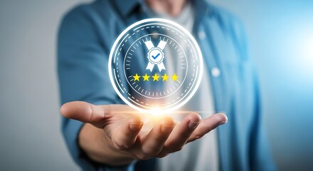 Person holding a glowing digital badge with five stars and checkmark