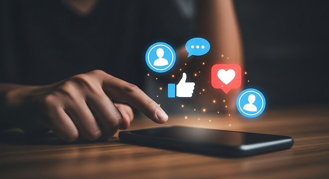 Person using smartphone with social media icons floating above