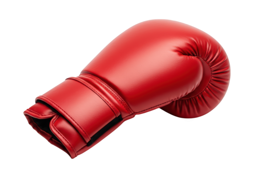 A Single Red Boxing Glove Resting Isolated On White Background