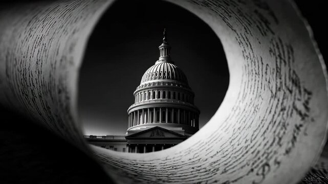 Monochrome elegance captures the Capitol dome while pushing through a scrolled up constitution, evoking themes of governance and history. A minimalist yet profound representation of democracy.