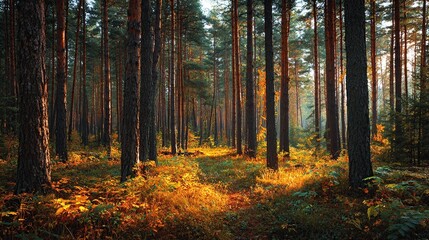 Obraz premium Sunlight streams through a dense forest, illuminating the trunks and undergrowth with golden hues