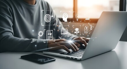Person typing on laptop with digital interface and icons overlay