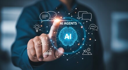 Person touching a glowing ai brain icon with digital connections and icons