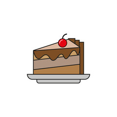 Slice of cake icon. Sweet chocolate dessert. Cherry topping Vector. Bakery food illustration.