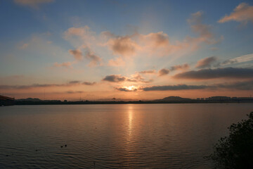 석양, sky, 바다, h2o, 태양, 일출, 대양, 구름, 네이처, 경관, 물가, 호수,...