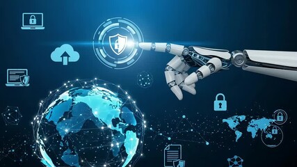 A robotic hand touches a glowing digital shield on a futuristic interface symbolizing global cybersecurity and artificial intelligence - Powered by Adobe
