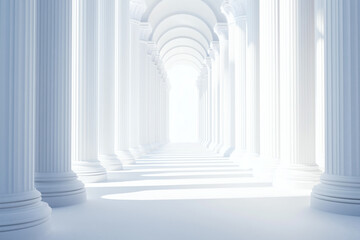 Classical architectural marvel featuring rows of white pillars leading to a bright, distant light. Elegant and serene, evokes a sense of grand history.