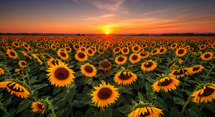 Obraz premium A breathtaking golden hour sunset illuminates a vast field of vibrant sunflowers, creating a stunning and serene natural landscape