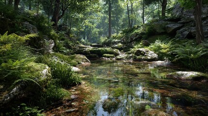 A serene forest scene with a clear, shallow stream flowing over mossy rocks amidst lush greenery