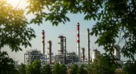 Obraz premium Industrial Refinery Surrounded by Greenery with Smokestacks Against a Clear Sky Illuminated by Sunlight
